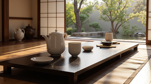 日式风格游戏场景截图，樱花飞舞的庭院，传统建筑与现代科技结合