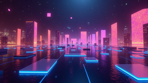 赛博朋克风格游戏界面，霓虹灯光闪烁的街道，机器人角色行走其中